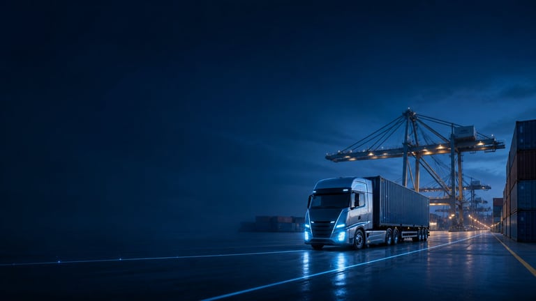Blue semi truck on wet road at night with cargo port cranes and shipping containers in background